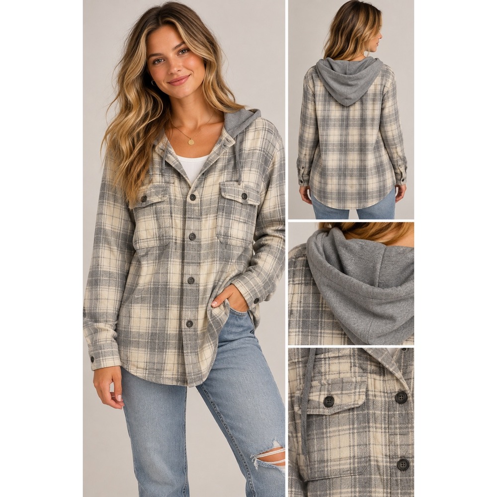 Old Navy Mens XL Double-Brushed Flannel Plaid Hooded Shirt Gray White